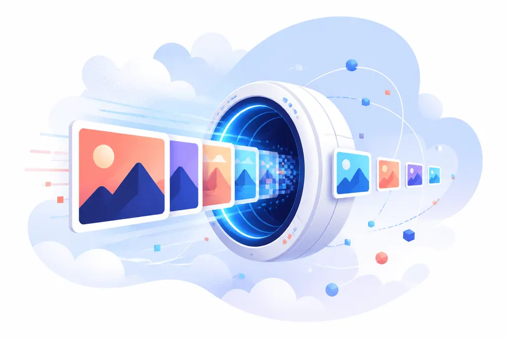 Colorful image cards becoming smaller as they pass through a compression portal